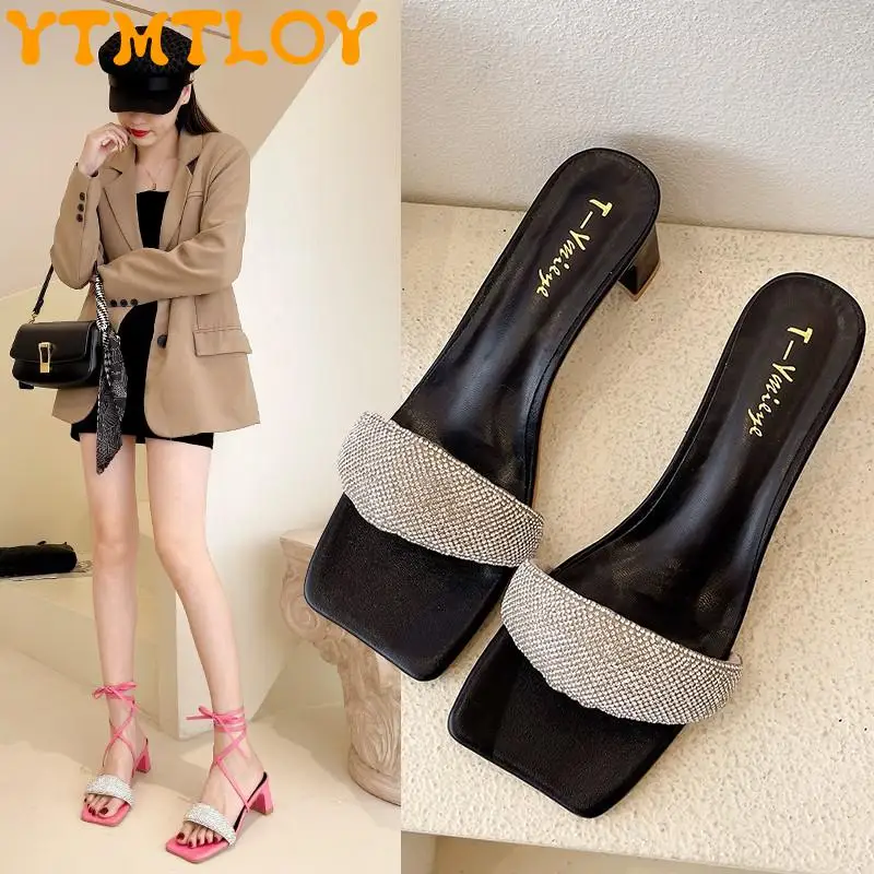 

Lace-up Two Wear Middle-heeled Sandals Women's Summer All-match 2022 New High-heeled Non-slip Rhinestone Square-toe Sandals