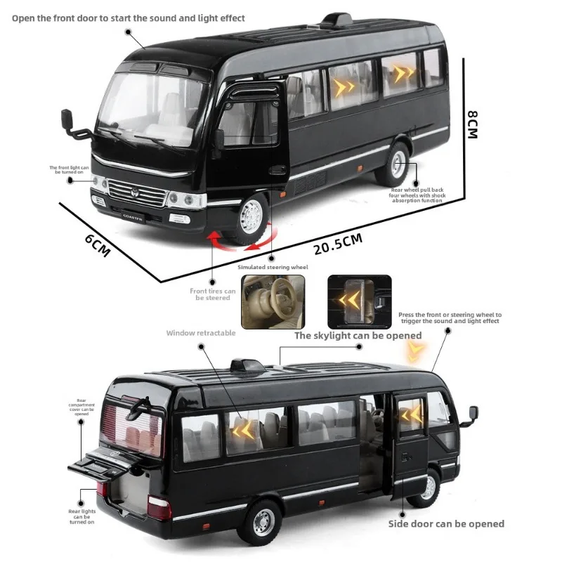 Simulation 1:24 Toyota Coaster Bus Alloy Model Sound and Light Pull Back Toy Car Collection Miniature Voiture Children Boy gift