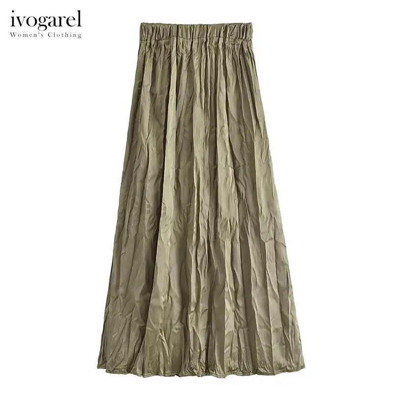 

Ivogarel Long Satin Pleated Skirt Women's High-Waist Summer Skirt with Elastic Waistband and Wrinkled-Effect Detail