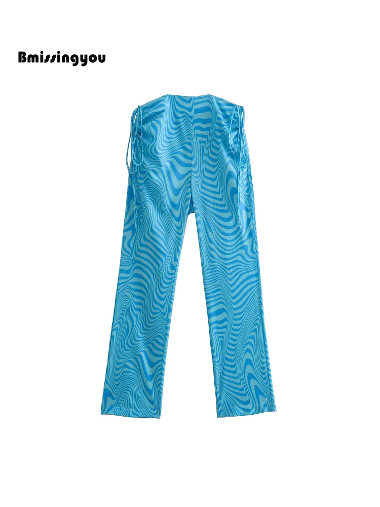 Bmissingyou Fashion Sky Blue Wave Pattern Casual Women Wide Leg Pants Lace Up Elastic High Waist Female Trousers Zipper Back