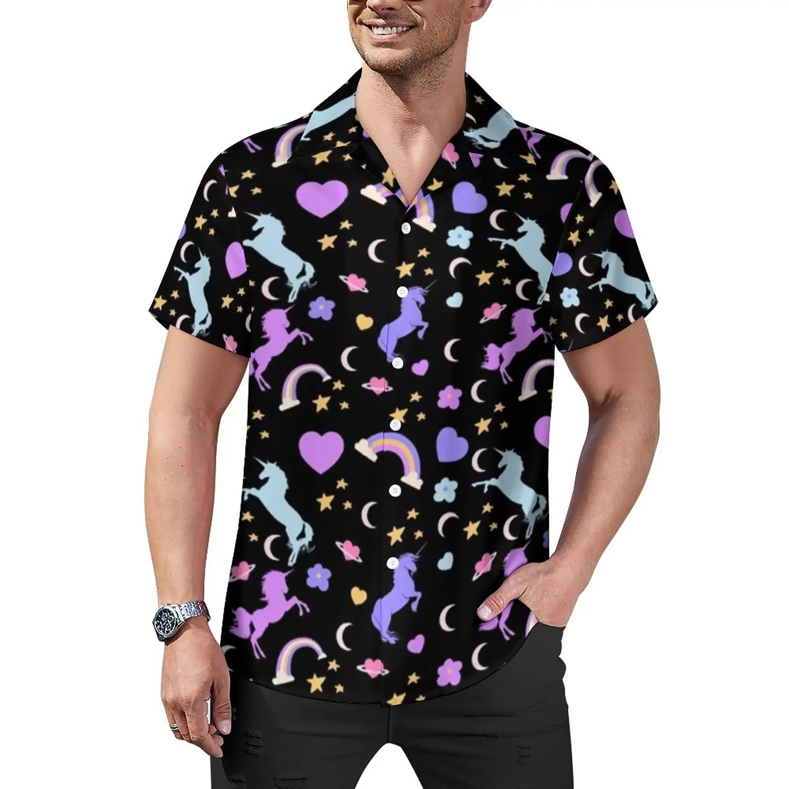 

Colorful Unicorn Beach Shirt Cute Animal Print Hawaiian Casual Shirts Male Novelty Blouses Short Sleeve Design Top 3XL 4XL