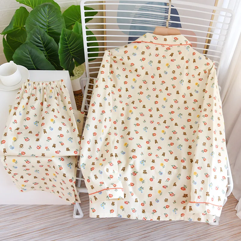 Spring/Autumn Women Cotton Pajamas Four Seasons Thin Long-sleeved Suit Plain Cloth Floral Middle-aged Elderly Living Clothes New