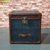 FSUBEST Antique American Style Leather Canvas Aluminum Rattan Storage Bucket Cabinet Cafe Hotel Club Aviator Bedside Table