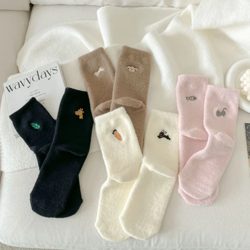 

4 Pairs Winter Socks Women Warm Thicken Cute AB Cartoon Embroidery Korea Fashion Style High Quality Harajuku Thermal Funny Sox