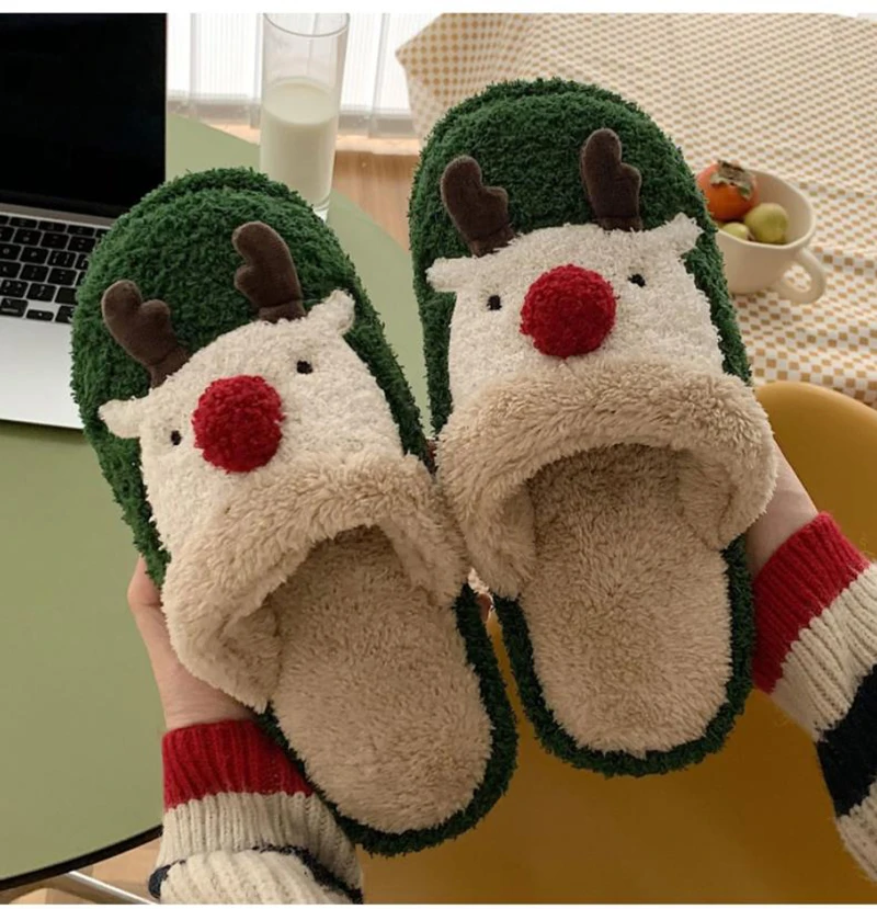 

Пушистые тапочки для пар, женские Мультяшные тапочки для дома, милая Рождественская зимняя обувь с оленем, теплые плюшевые шлепанцы для жен...