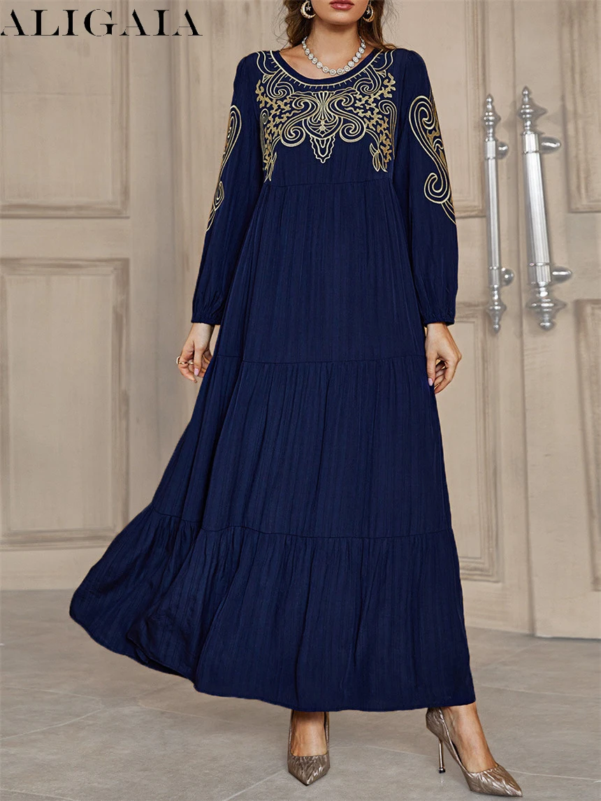 

Aligaia Long Sleeve Round Nec A-Line For Women Elegant Embroidery Pleated Islam Oman Qatar Arab Ladies Dresses Feminine Clothes