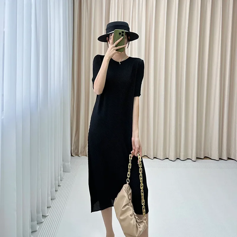 Женское длинное плиссированное платье миаке однотонное Повседневное с круглым