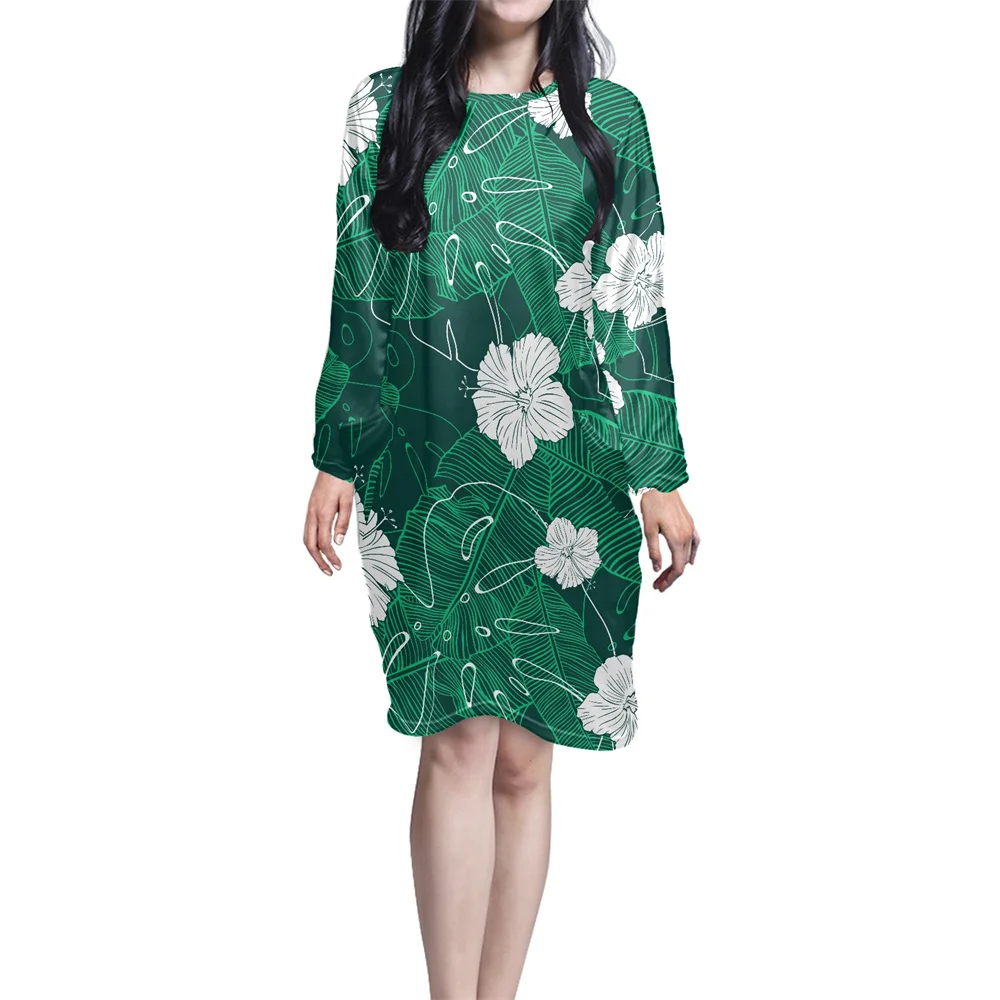 

O Neck Long Sleeve Autumn Loose Casual Pretty Green Hibiscus Tropical Floral Monster Leaves Print Women Sleeping Dress Pocket