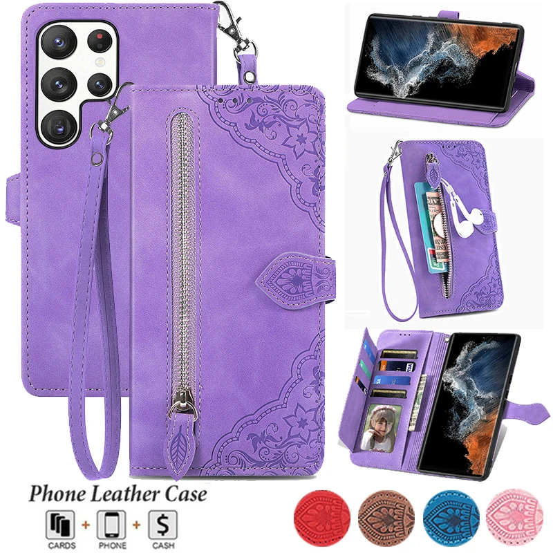 

Luxury Embossing Wallet Multi Card Slot Flip Zipper Leather Case for Samsung S23 S23Ultra S22 S21FE S20 A54 A34 A52 A53 M54 A52