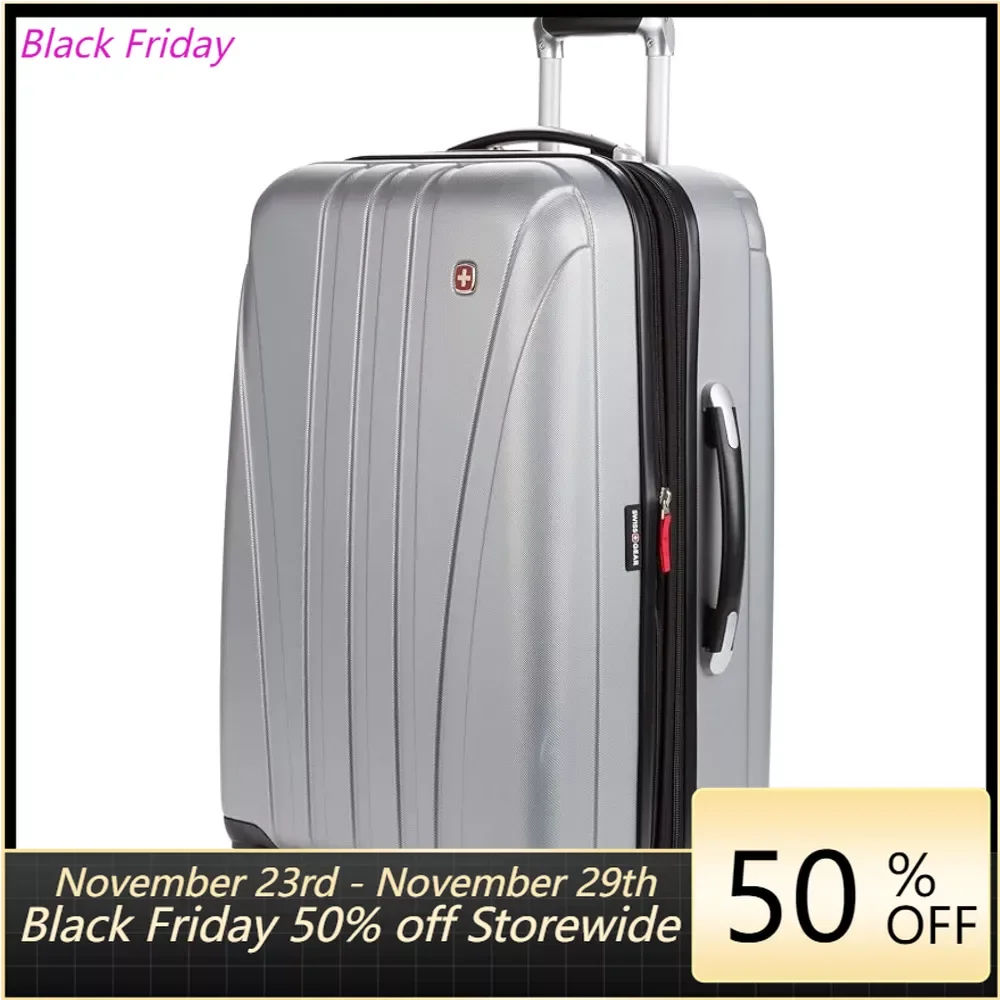 

Checked-Medium （19-23-28）-Inch Travel Suitcases Offers With Wheels Silver Hardside Expandable Luggage With Spinner Wheels Bag