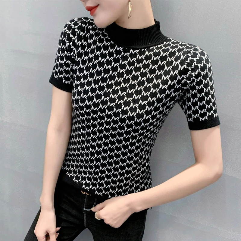 

Женская футболка с коротким рукавом, винтажная трикотажная футболка в европейском стиле с ложным воротником и принтом, классические топы в клетку, модель 2023 на лето, 2025