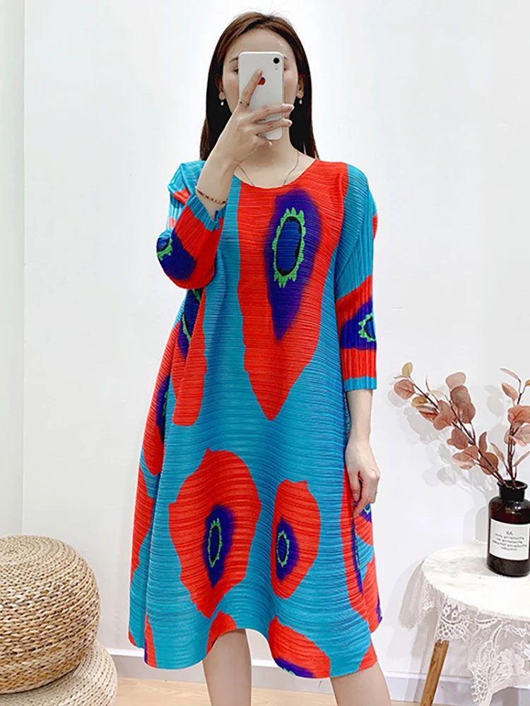 

Delocah High Quality Summer Women Fashion Runway Designer Midi Dress 3/4 Sleeve Colorblock Floral Print Elasticity Loose Dresses