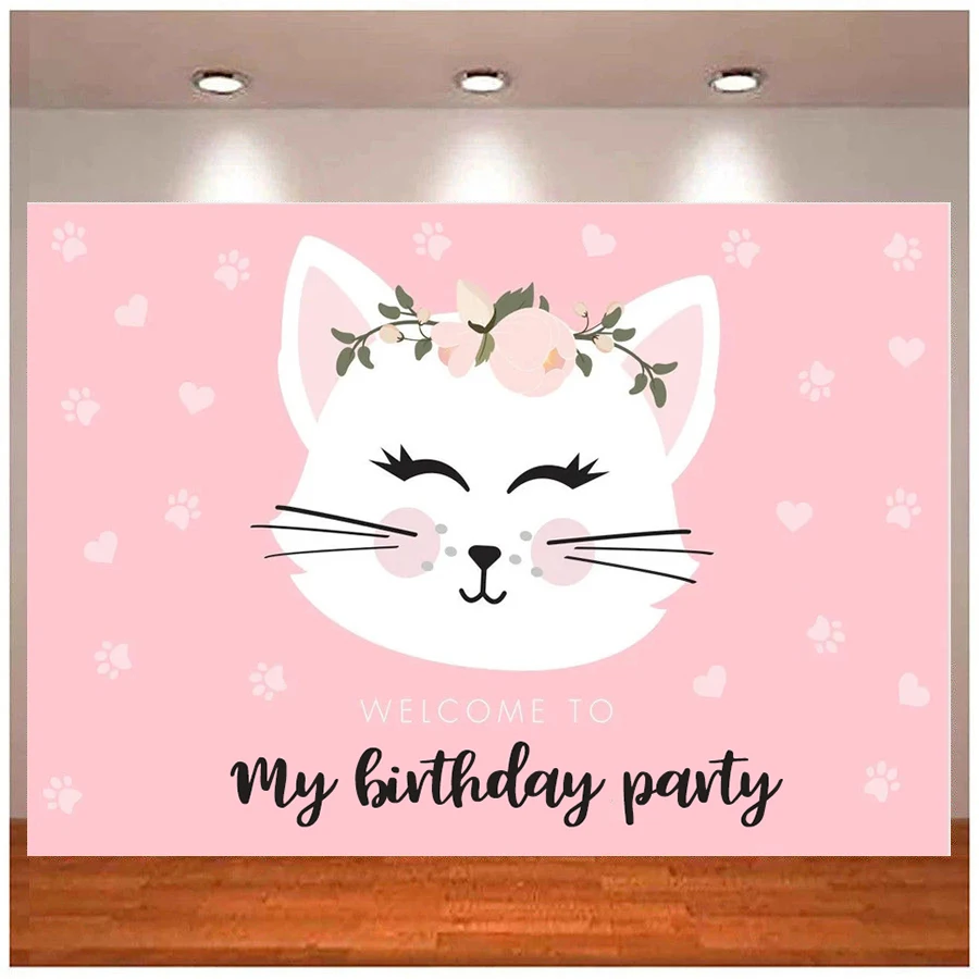 

Pink Cat Head Themed Birthday Party Backdrop Printable Kitten Meow Poster Customized Birthday Background Sign Instant Download