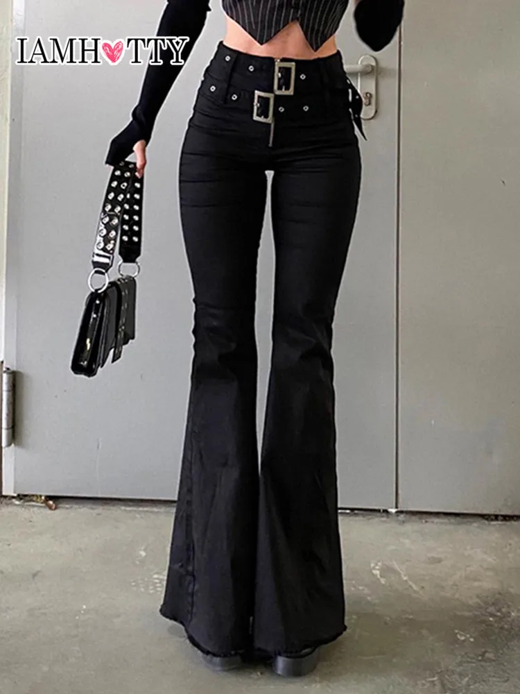 

IAMHOTTY Double Belt Flare Pants Women High Waist Black Jeans y2k Trousers Korean Fashion Denim Pants Stretchy Casual Bottoms