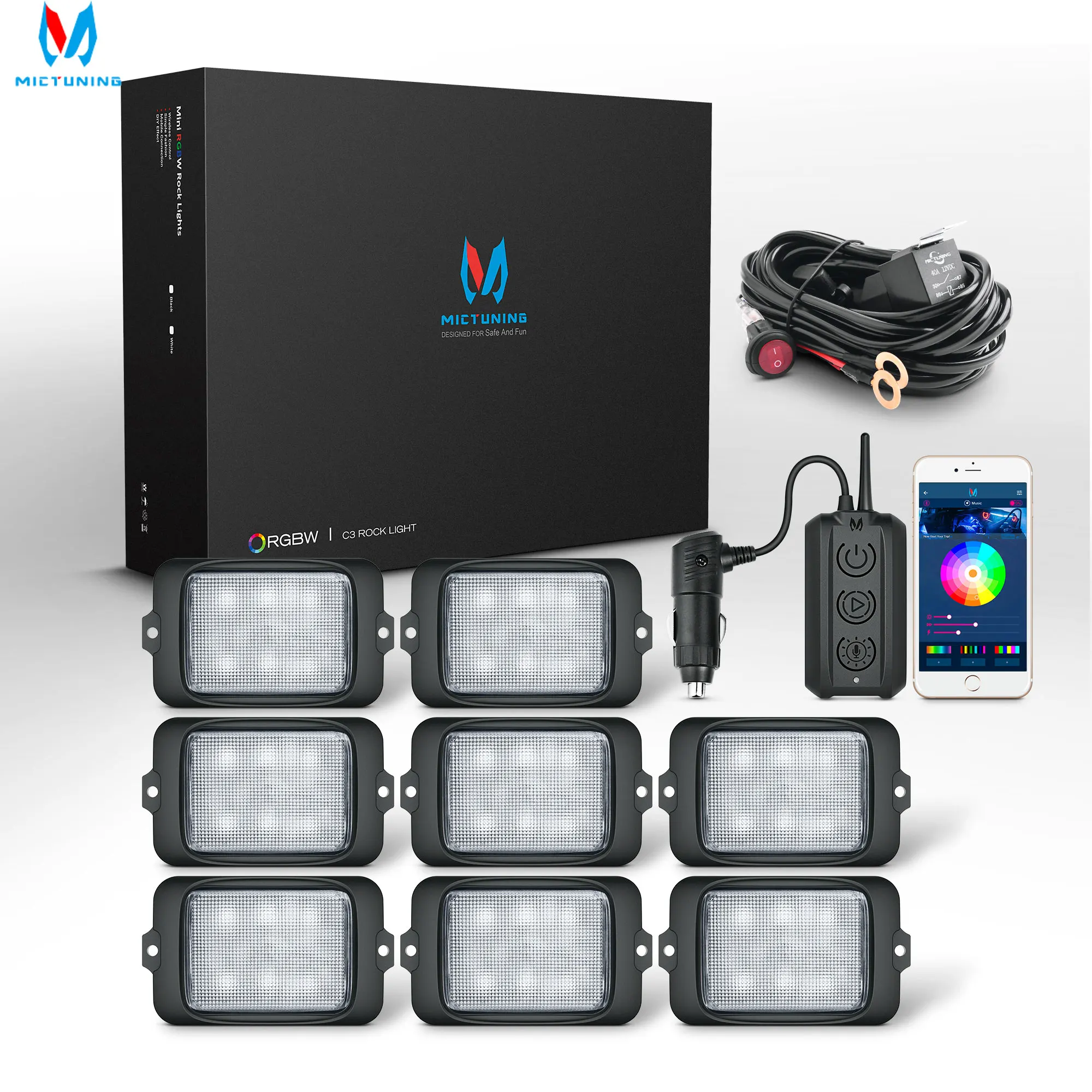 MICTUNING C3 RGBW LED Rock Lights -8 Pods Многоцветные неоновые подсветки Bluetooth APP и беспроводной