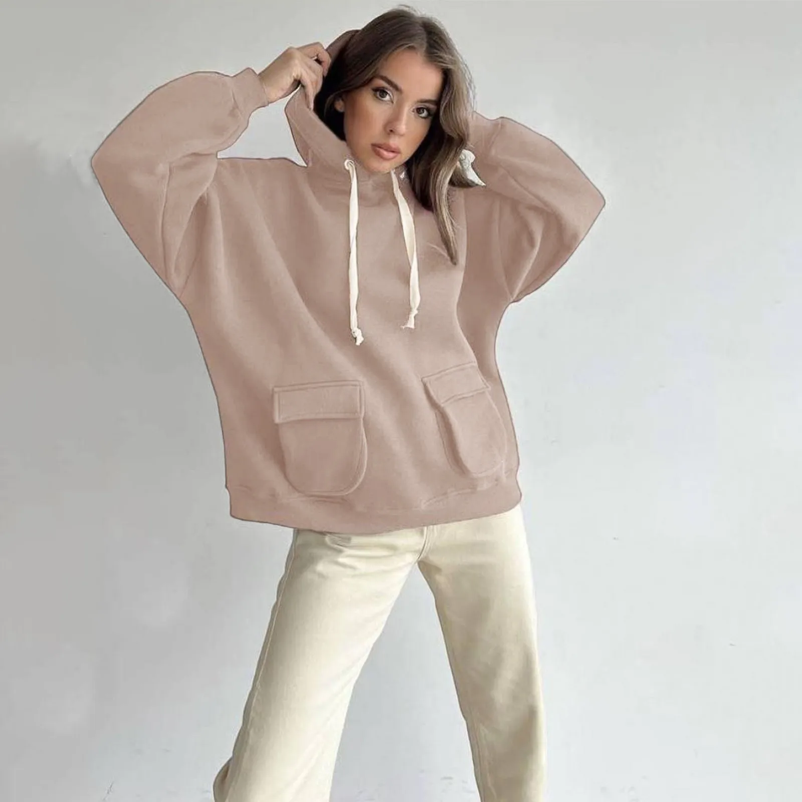 

Women's Fashion Oversize Autumn And Winter Fleece Drawstring Hooded Sweatshirt Casual Solid Colours Pockets Pullover Sweatshirt