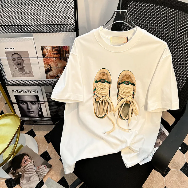 

Three-dimensional Shoelace Decoration Short-sleeved T-shirt 2022 Summer Streetwear Women Fashion Top Round Neck Loose White Tees
