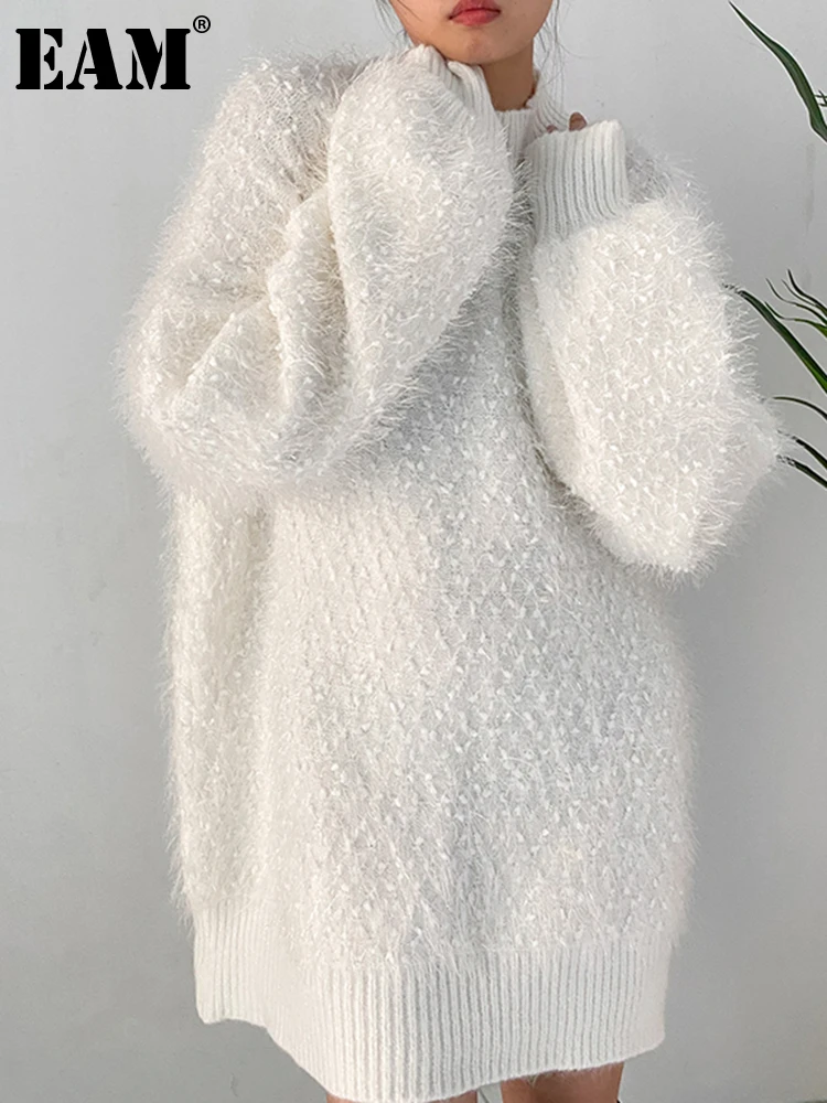 

[EAM] White Big Size Knitting Sweater Loose Fit Turtleneck Long Sleeve Women Pullovers New Fashion Autumn Winter 2023 1DF2528