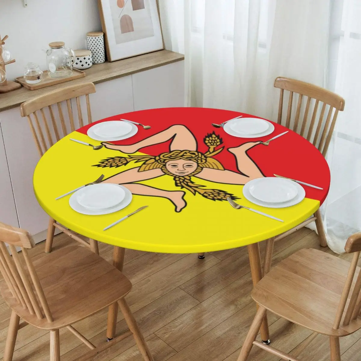 

Round Fitted Italian Island Sicily Flag Table Cloth Waterproof Tablecloth 45"-50" Table Cover Backed with Elastic Edge