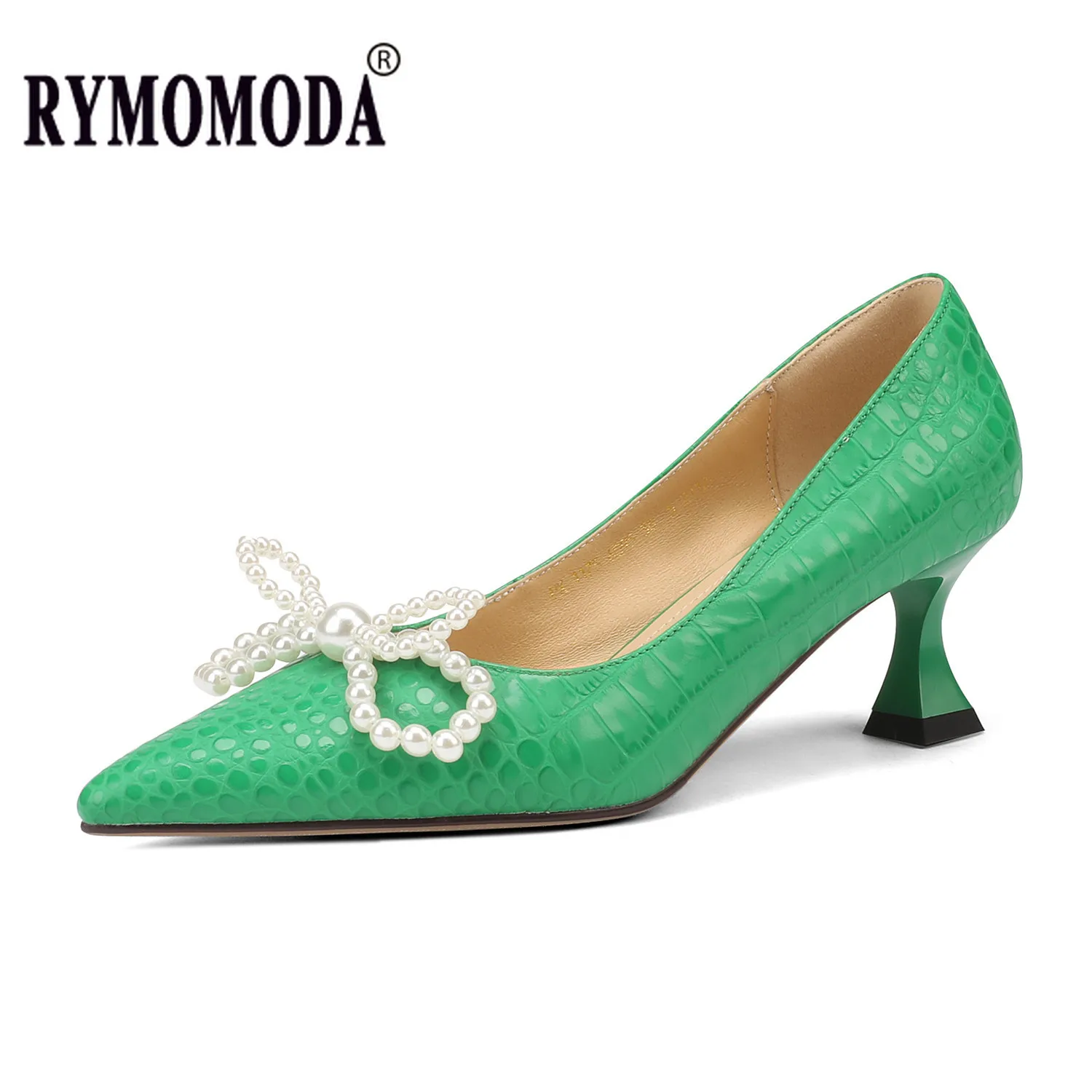 

High Heels Shoes for Women 2022 Fashion Spring Fall Genuine Leather Pearl Butterfly Pointed Pigskin Lining Handmade Female Pumps