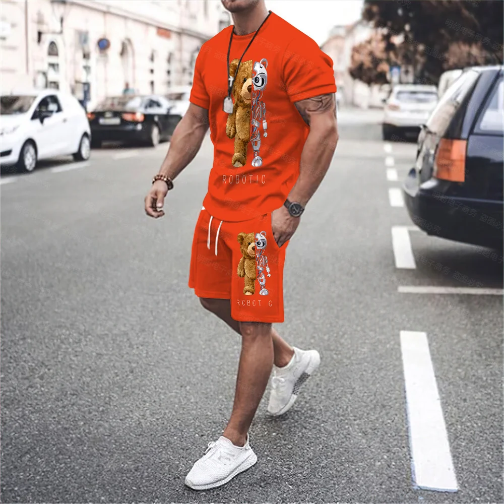 Cute Bear Men's O-Neck Casual T-Shirt Drawstring Shorts Sports All-Match Fitness Street Age-Reducing Style Plus Size Suit