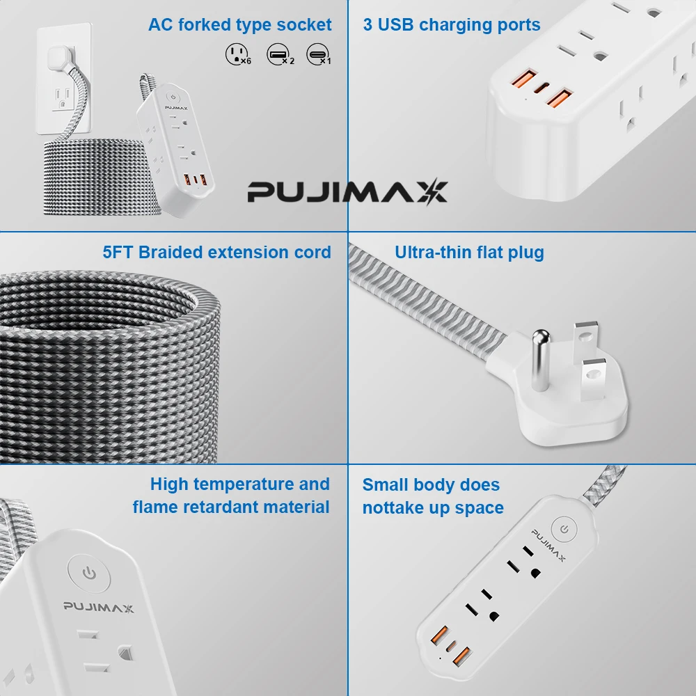 Удлинитель PUJIMAX с 6 розетками US, 2 USB и 1 портом Type-C, кабель 1.5 м, защита от перенапряжения и перегрузки, 6 универсальных электрических розеток (art.: 3920dc657307b) - 3920dc657307b