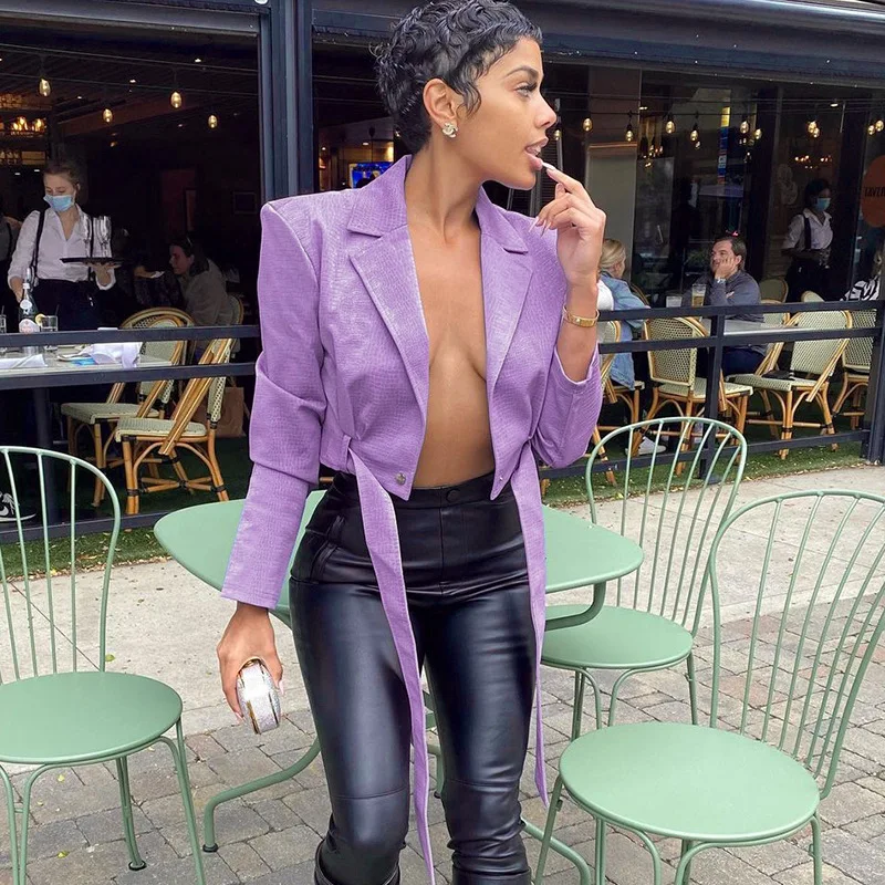 

Fall Purple Solid Women New Fashion Faux PU Leather Sexy Chest Hollow Out Long Sleeve Tops Notched Cardigan Bandage Blouse Coat