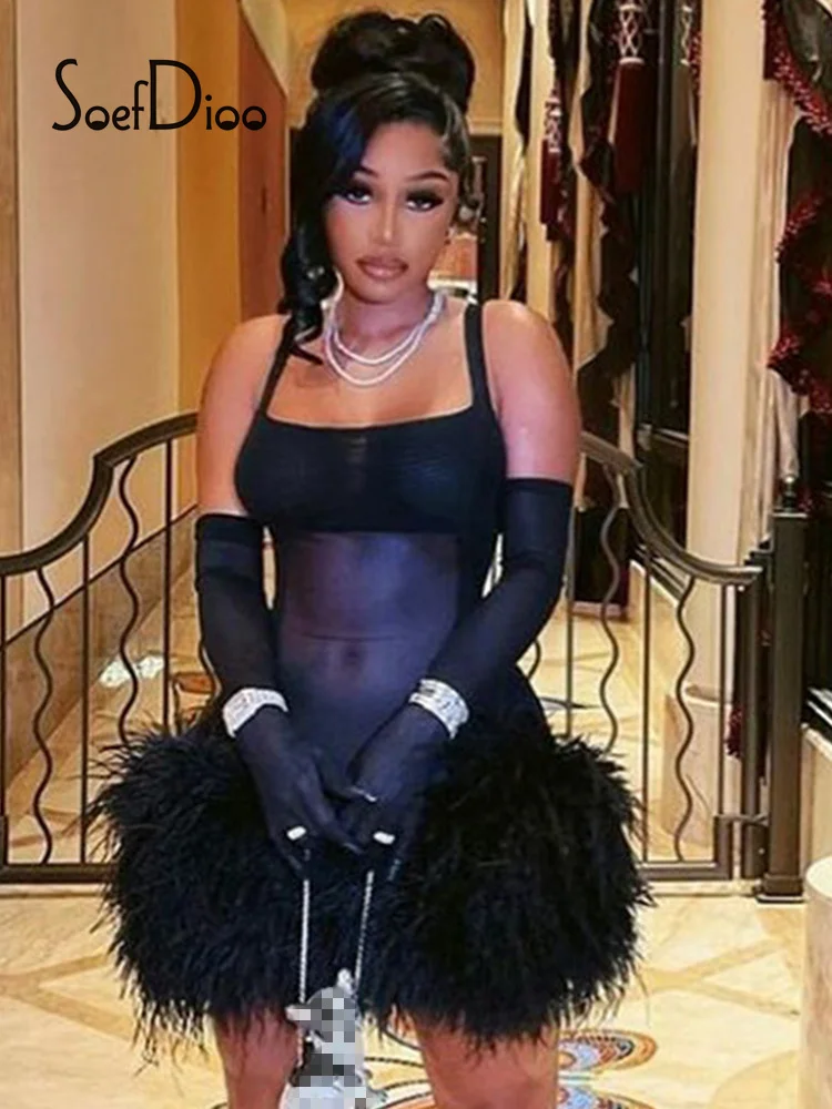 

Черное Сетчатое Прозрачное мини-платье Soefdioo, женские Сексуальные облегающие платья на бретелях-спагетти с открытой спиной и меховым подоло...