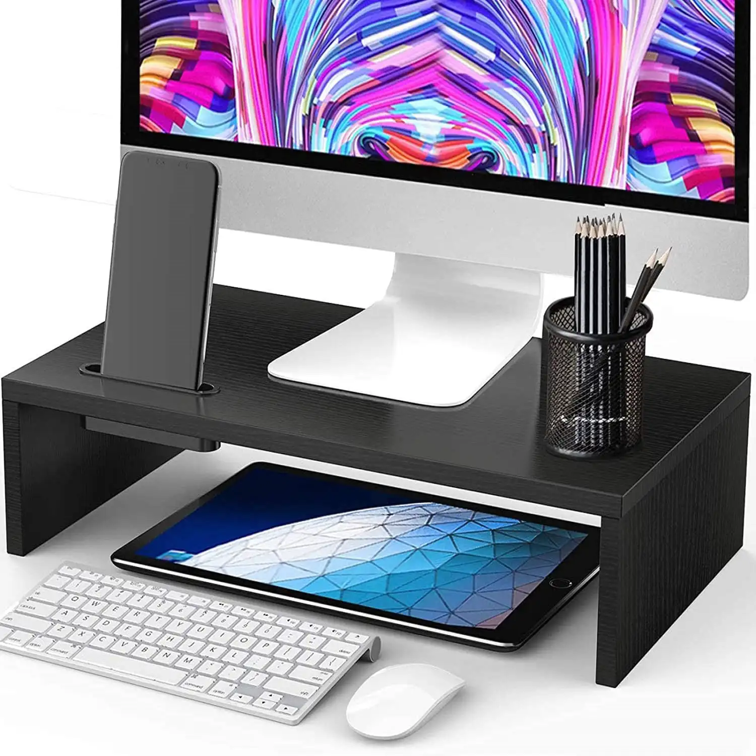 

16.5 Inch Wooden Removable Monitor Stand Riser with Phone Holder and Cable Management Home Office Computer, Laptop