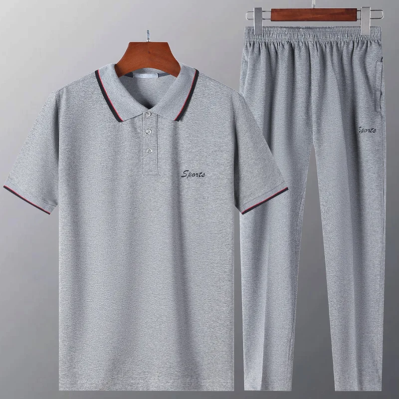 

Short Sleeve Men's Suit Two-piece Sportswear T-Shirt Lapel Cotton Middle-aged Casual Business Fit Wear (Short Sleeve + Pants)
