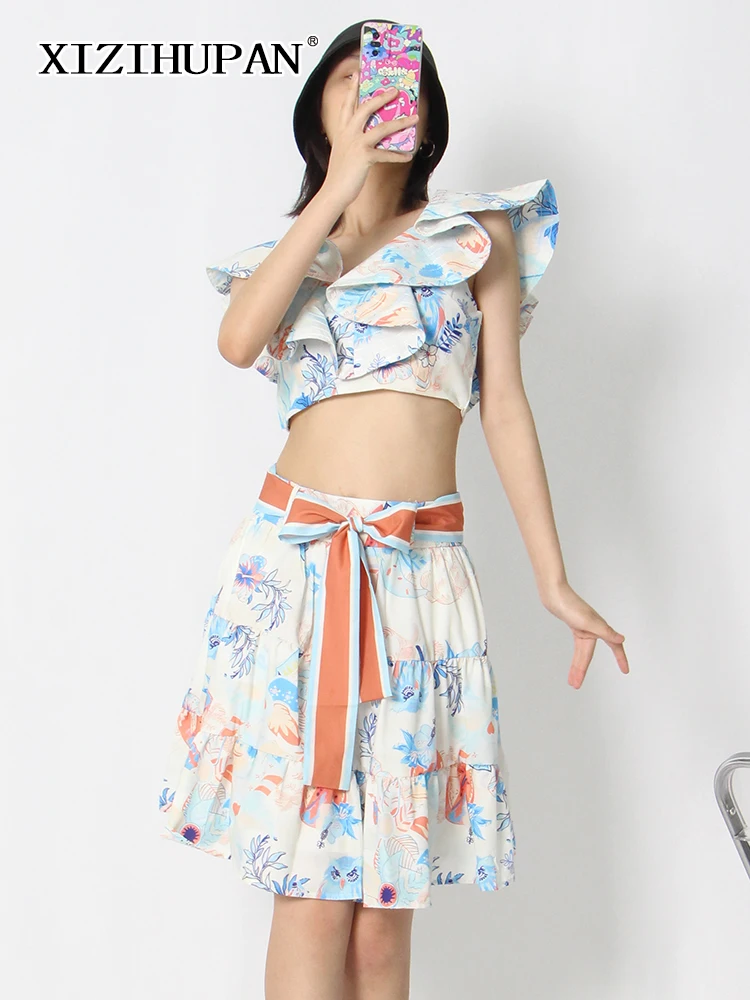 

XIZIHUPAN Print Colorblock Two Piece Set For Women V Neck Butterfly Sleeve Tops High Waist Lace Up Mini Skirts Female Sets 2022