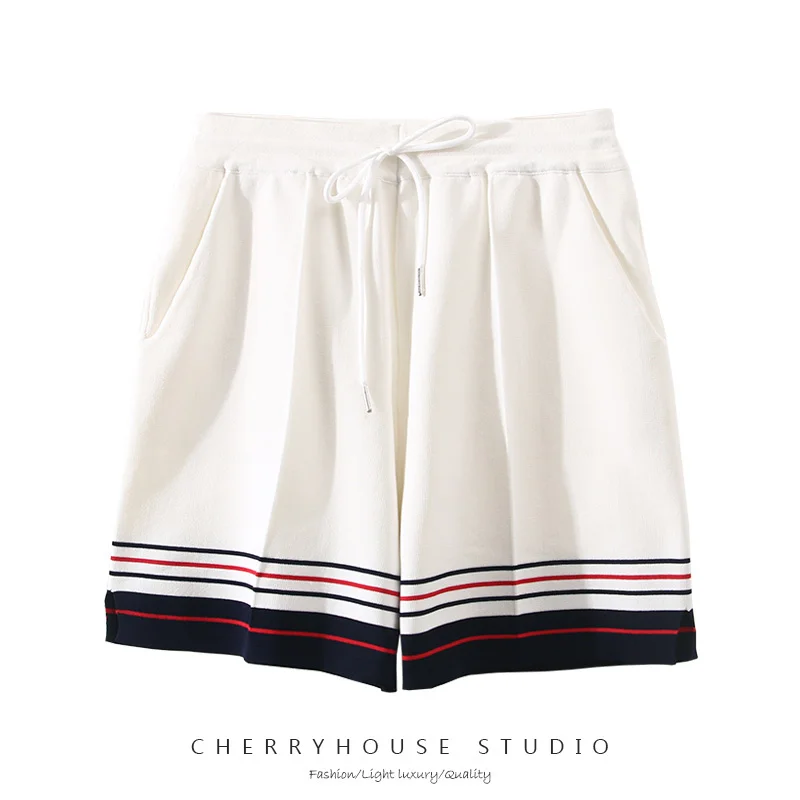 Tide brand TB fashion ice silk shorts summer pocket striped color matching loose casual knitted hot pants