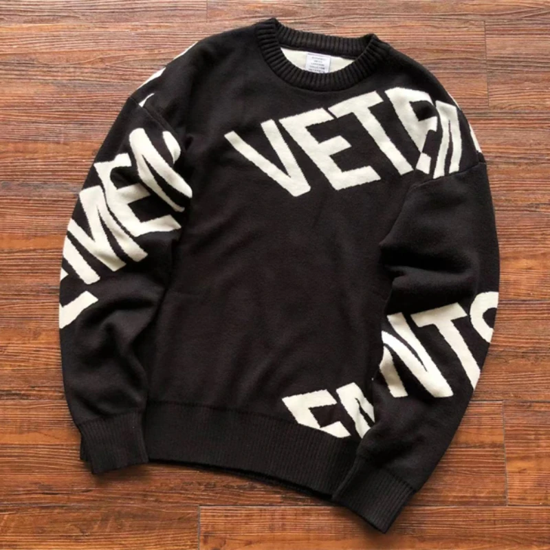 

2023ss VETEMENTS Jacquard Logo Sweater Men Women Knitted Pullover Oversized Black Knitwear