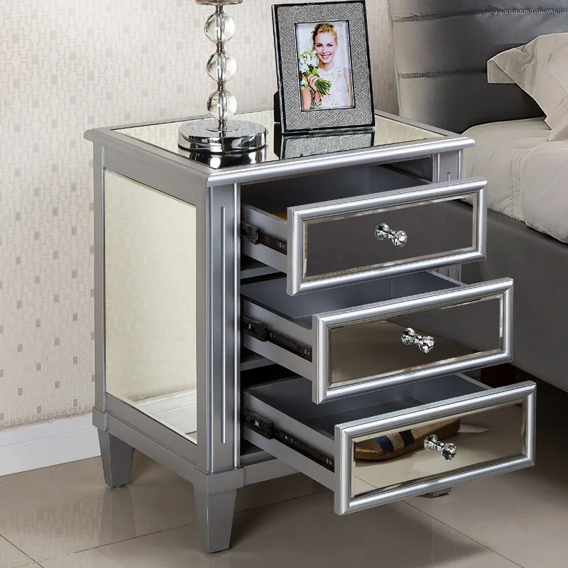 

Bedroom nightstand minimalist modern mirrored light luxury bedside table small storage cabinet American glass furniture