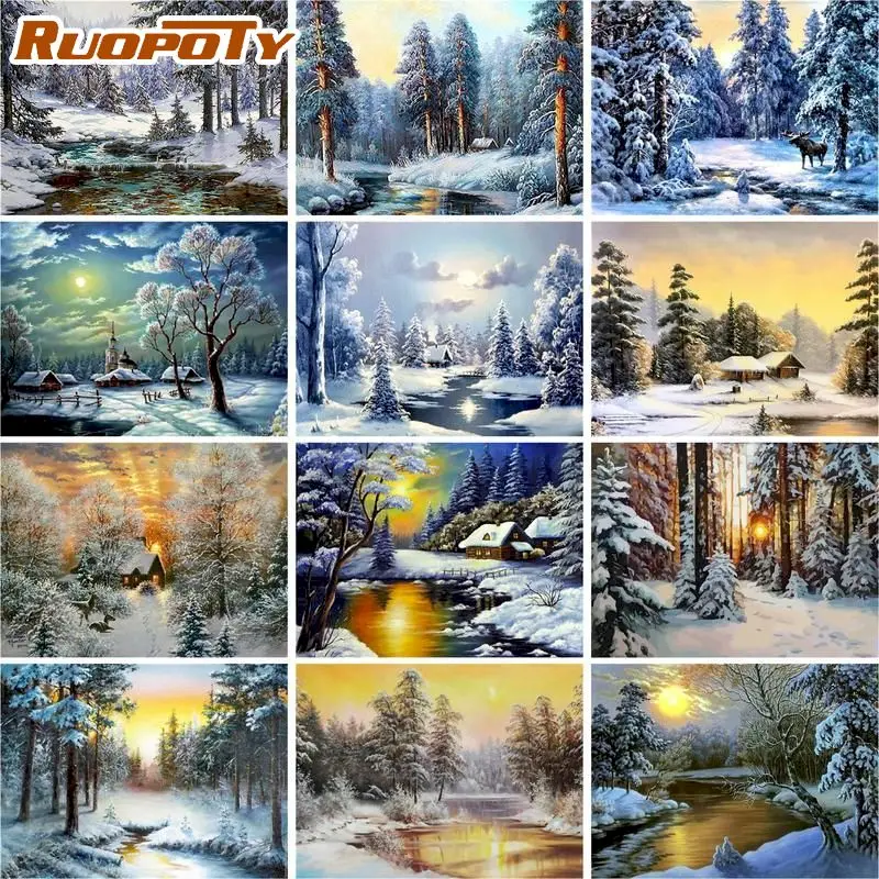 

RUOPOTY Painting By Numbers For Adults Snow Pine Tree Scenery Oil Photo Kits 60x75cm Frame On Canvas Home Decor Artwork Kits