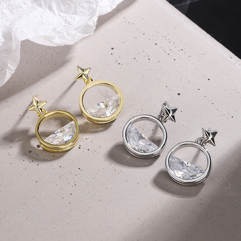 Women's New Fashion Star Stud Earrings Cubic Zircon Stone Golden/White Ear Stud With Round Circle Pendants Female Ear Jewelry