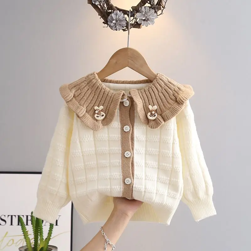 

Children's Autumn Sweet Lapel Sweater 2023 Baby Girls Spring New Foreign-style Cardigan Girls Knitted Small Coat Free Shipping