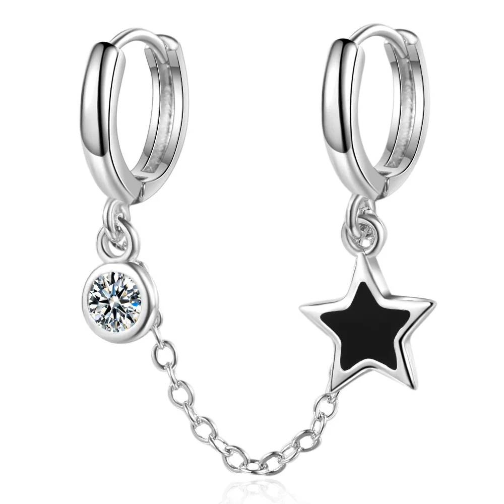 

925 Sterling Silver Double Ear Piercings Earring Clip Star Epoxy Simple Zirconium Diamond Earrings for Women
