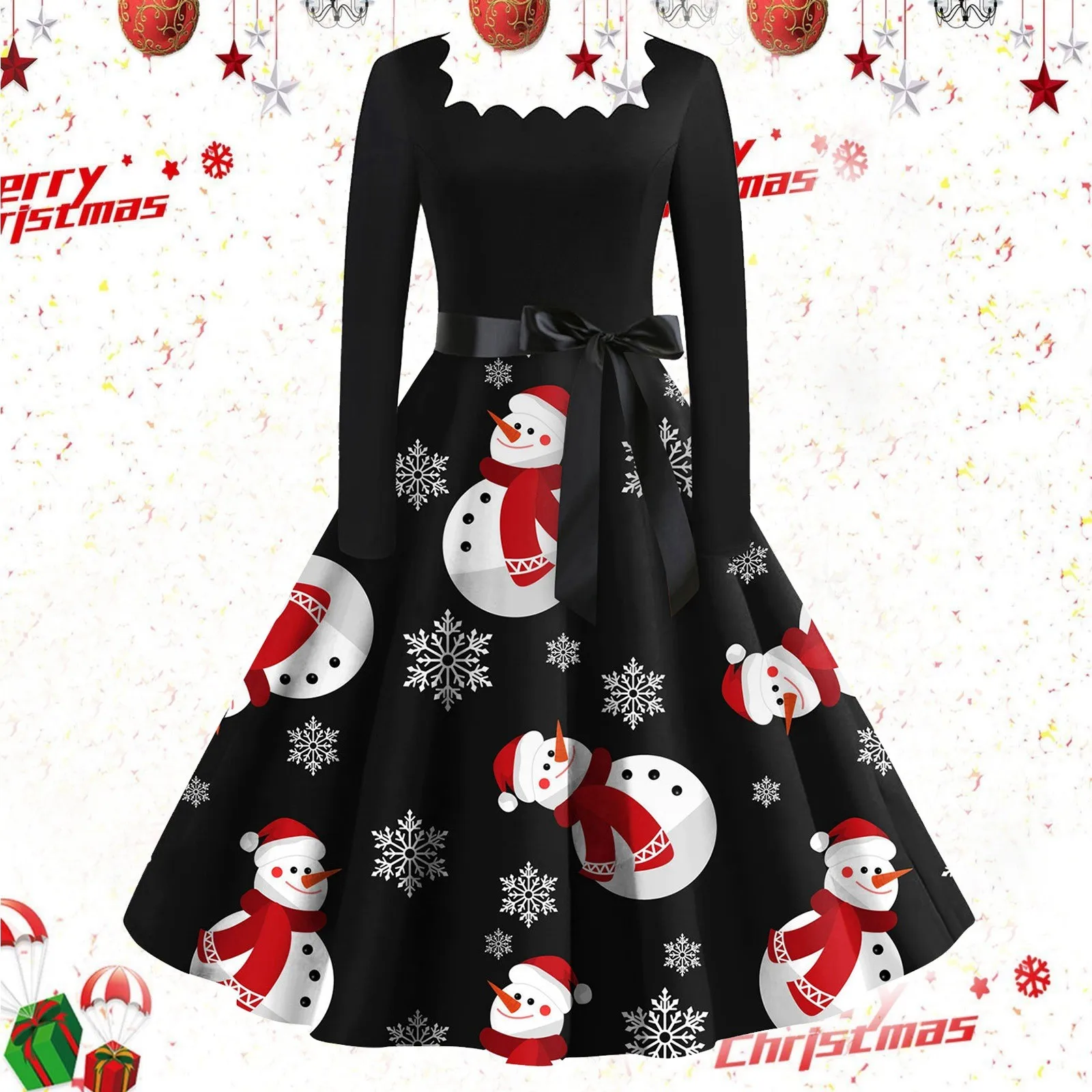 

Elegant Womens Dresses Heart Print Long Sleeved Wave Collar Swing Dress With Bow Belt Ladies A Line Christmas Party Dress