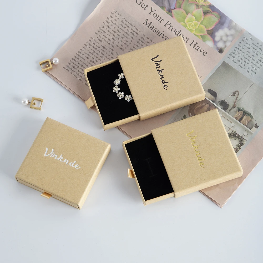 Custom Brown Kraft Paper Small Square Luxury Jewelry Sliding Drawer Boxes With Logo 7x7x1.7 For Earrings Necklace Ring Packaging