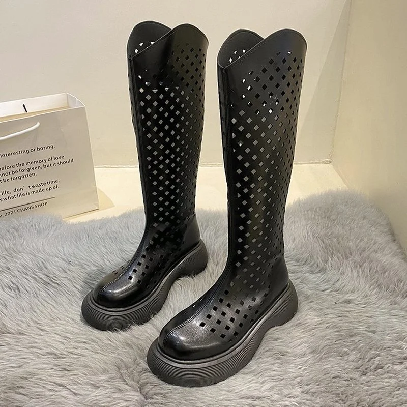 

Сандалии в британском стиле, однотонные босоножки с круглым носком, сетчатые длинные сандалии на толстой подошве, с V-образным вырезом и мол...