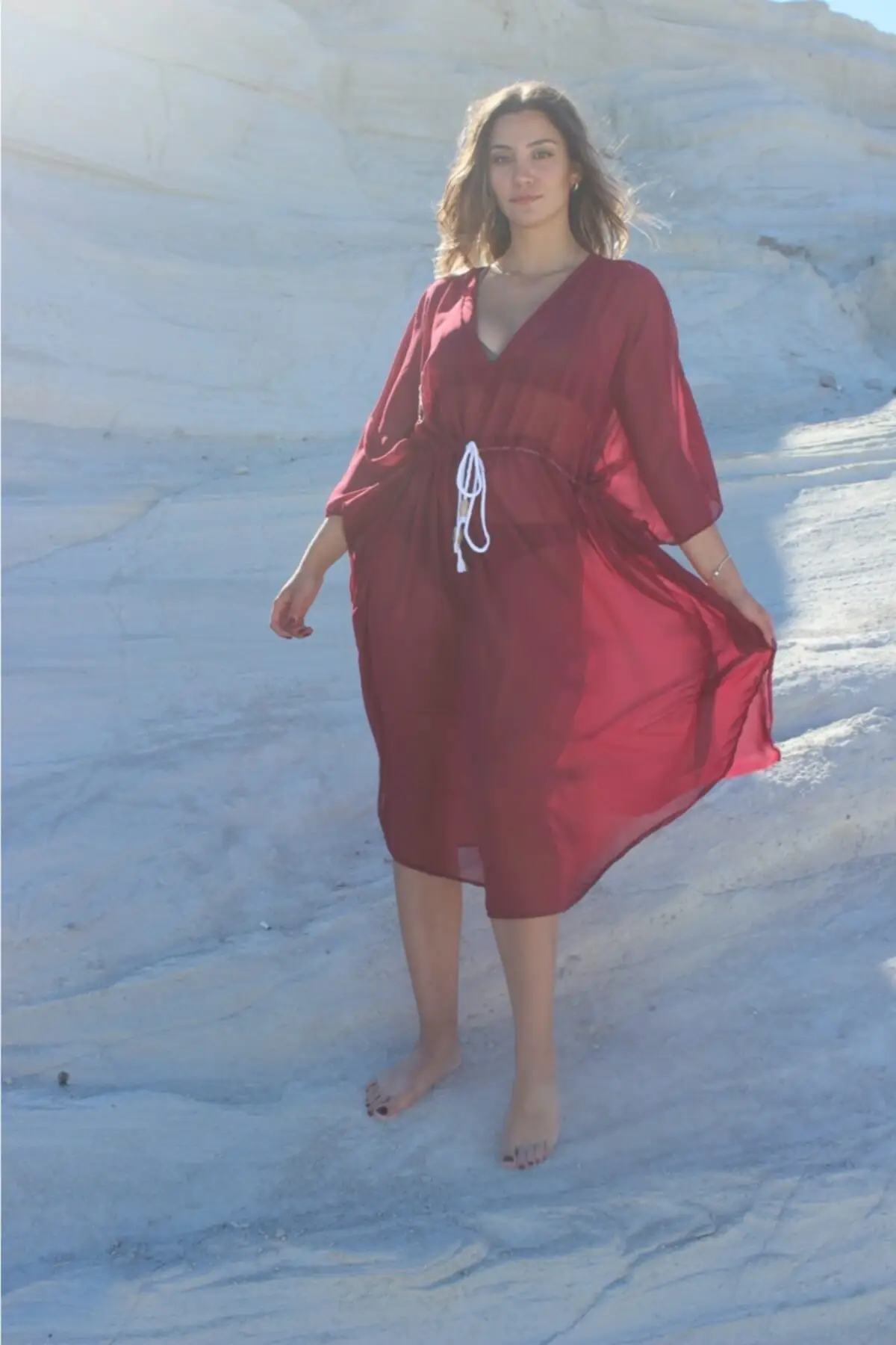 

Women's Pareo Burgundy Swimwear Cover Up Dress Sexy Tunic Suit Beachwear Female Beach Bikini Cover Loose Mini Dress