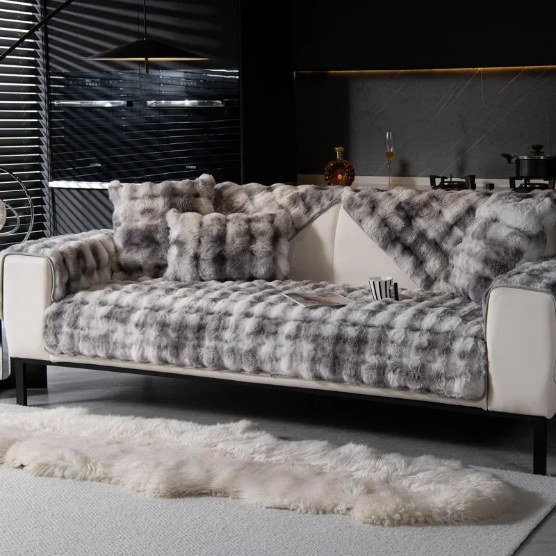 Gradient Colour Rabbit Plush Sofa Cover Thickened Non-Slip Living Room Soft Decorative Backrest Towel Pillowcase