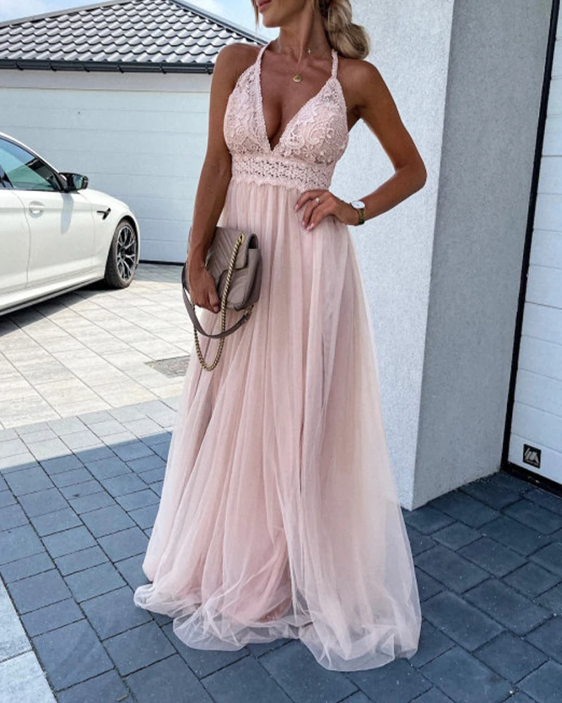

Elegant Backless Lace-Up Bowknot Party Dress Women Sleeveless Off Shoulder Sexy Deep V Neck Lace Mesh Long Dresses 2022