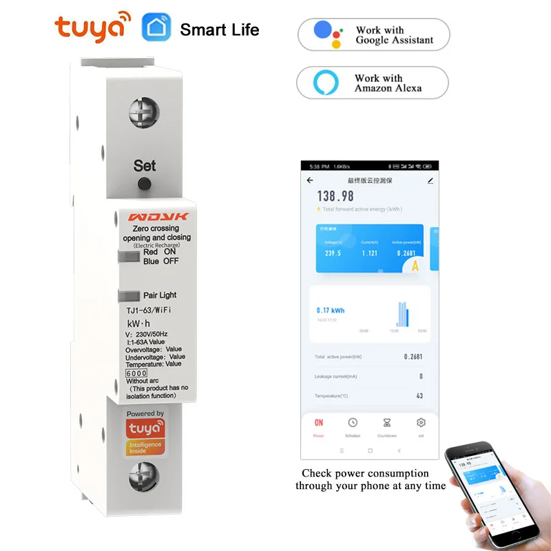 

18mm Tuya Single Phase Din Rail WIFI Smart Energy Meter remote control voice control with Alexa google Yandex alice by tuya app