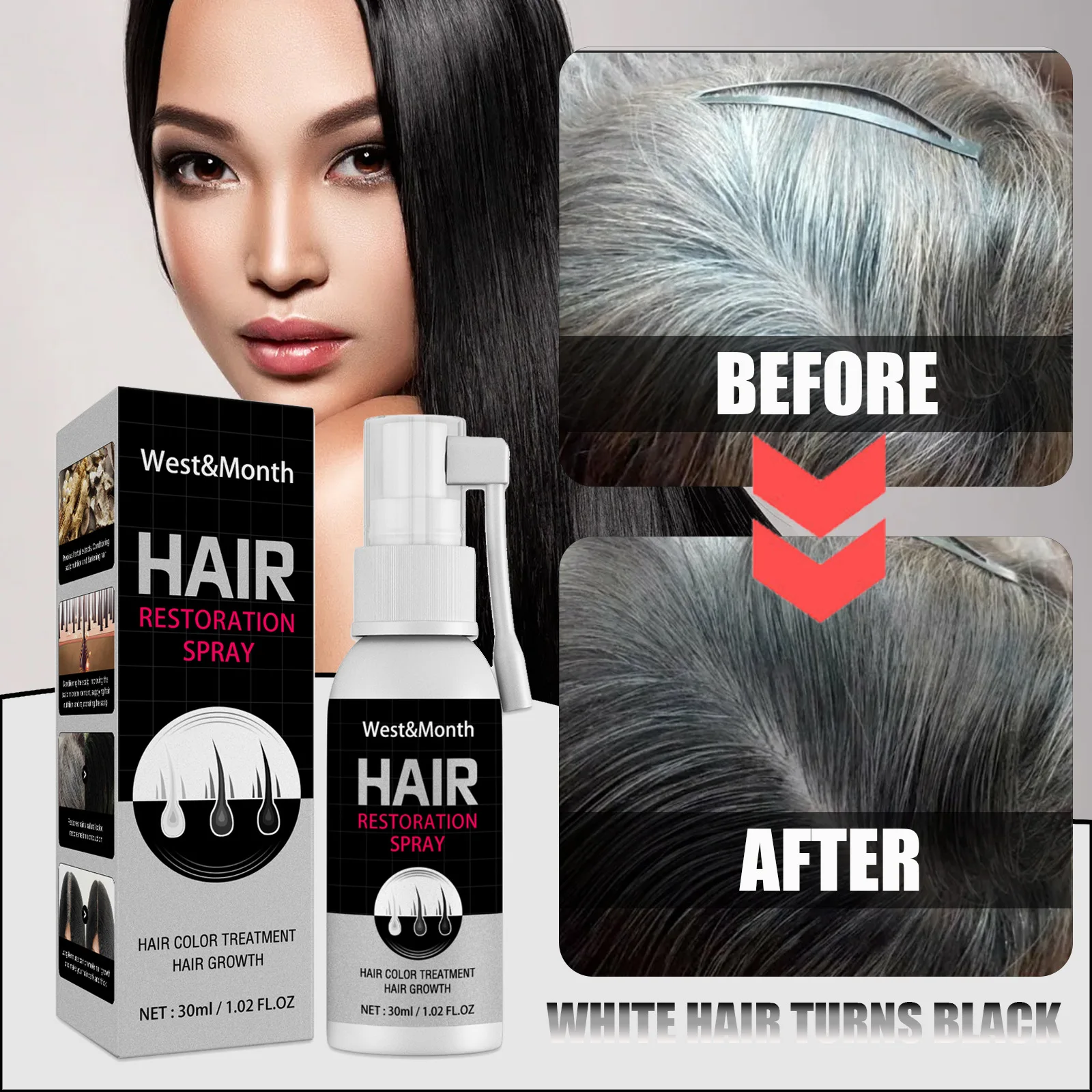 

Herbal Black Hair Growth Spray Serum Ginseng Anti-white Hair Treatment Loss Products Nourishes Scalp Prevent Hair Thinning Care