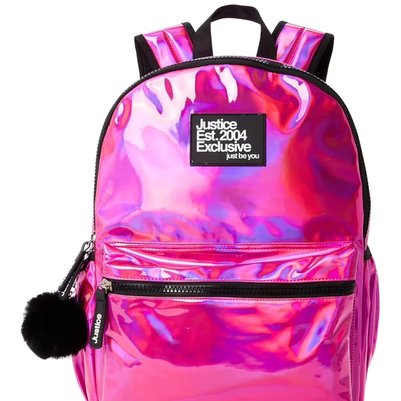 

Girls 17" Laptop Backpack with Pom Pom Dangle Iridescent Pink