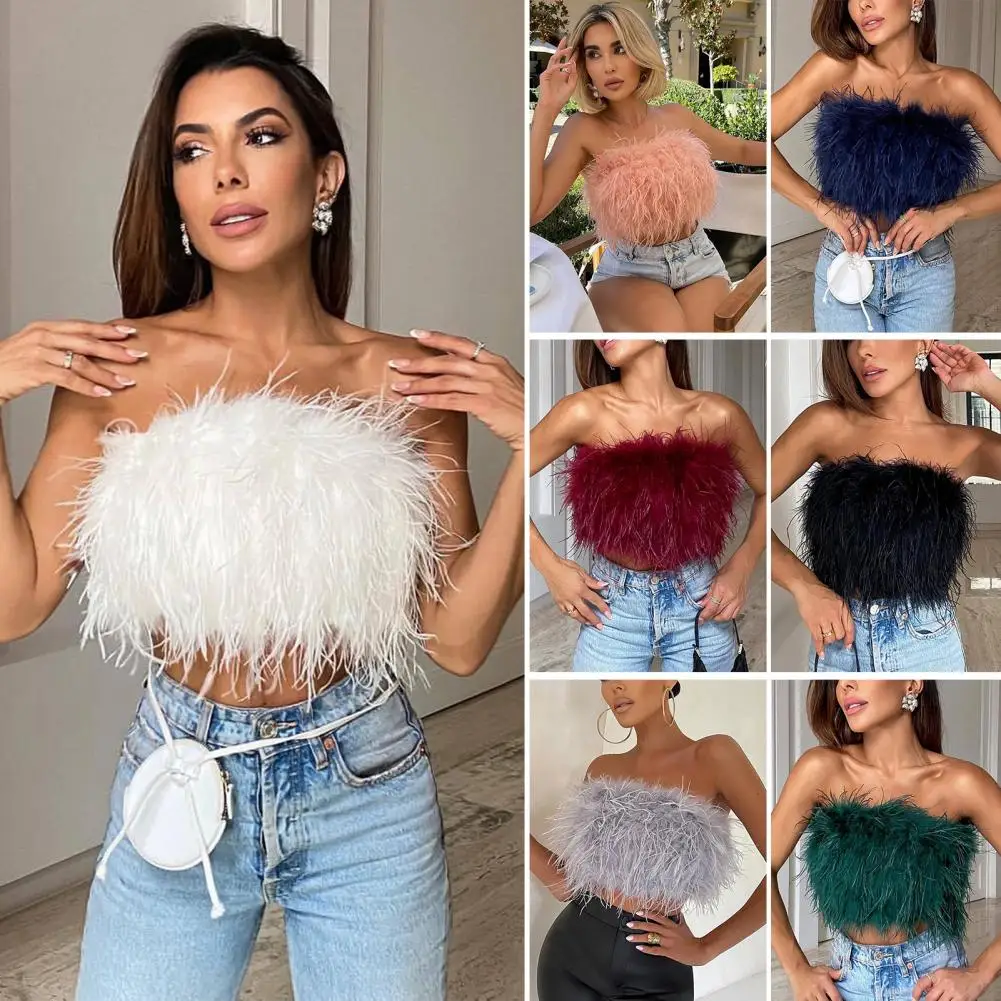 Купи Velvet Feather Patchwork Strapless Sexy Bralette Cropped Tube Top Women Solid Color Sexy Cute Summer Beach Crop Tops за 372 рублей в магазине AliExpress