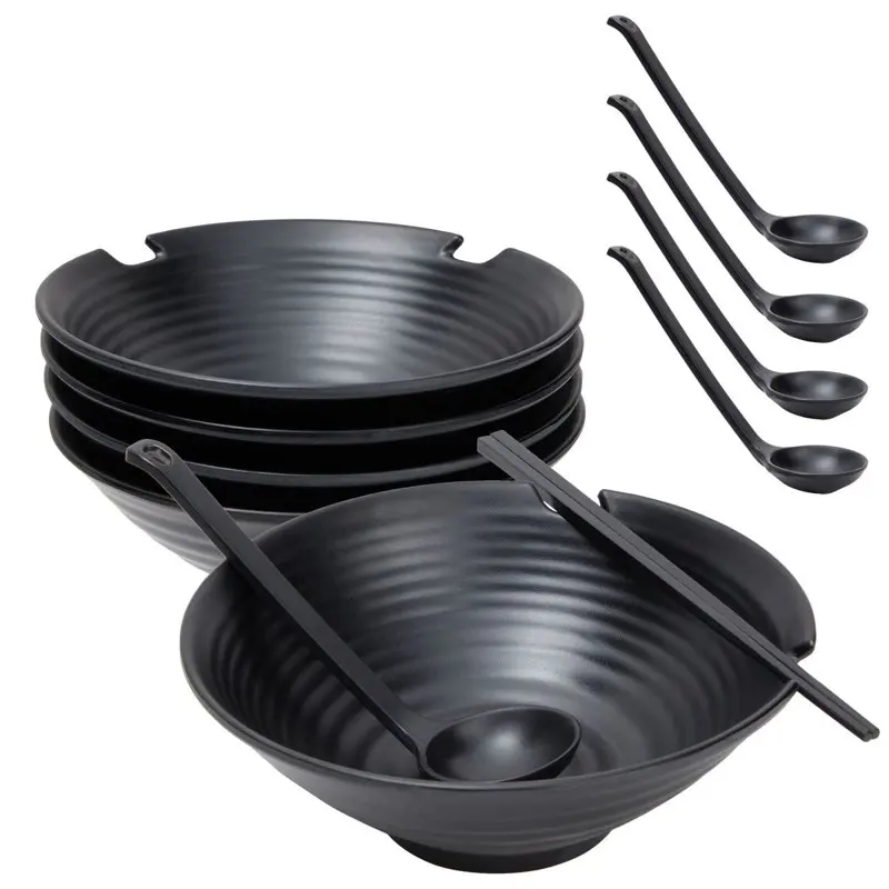 

Set of 4 Black Plastic Soup Serving Bowls, Ramen Bowl with Spoons and Chopsticks for Noodles, 9 x 3 in.