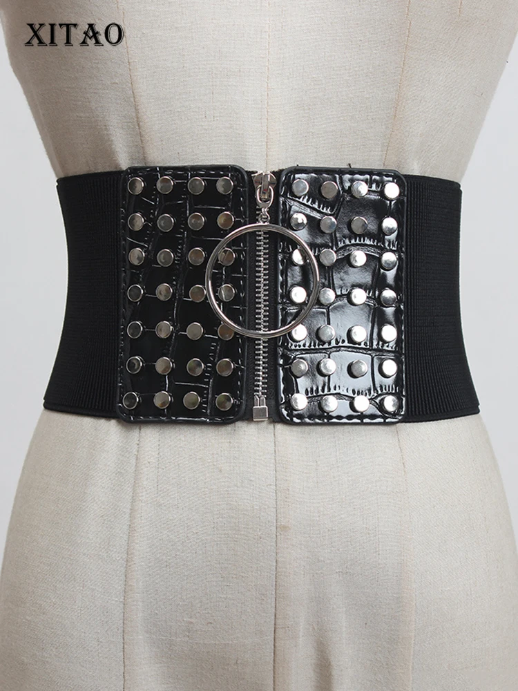 

XITAO Black Elastic Cummerbunds Fashion Zipper Splicing Widen Waistband Summer New Personality All-match Cummerbunds HQQ0161
